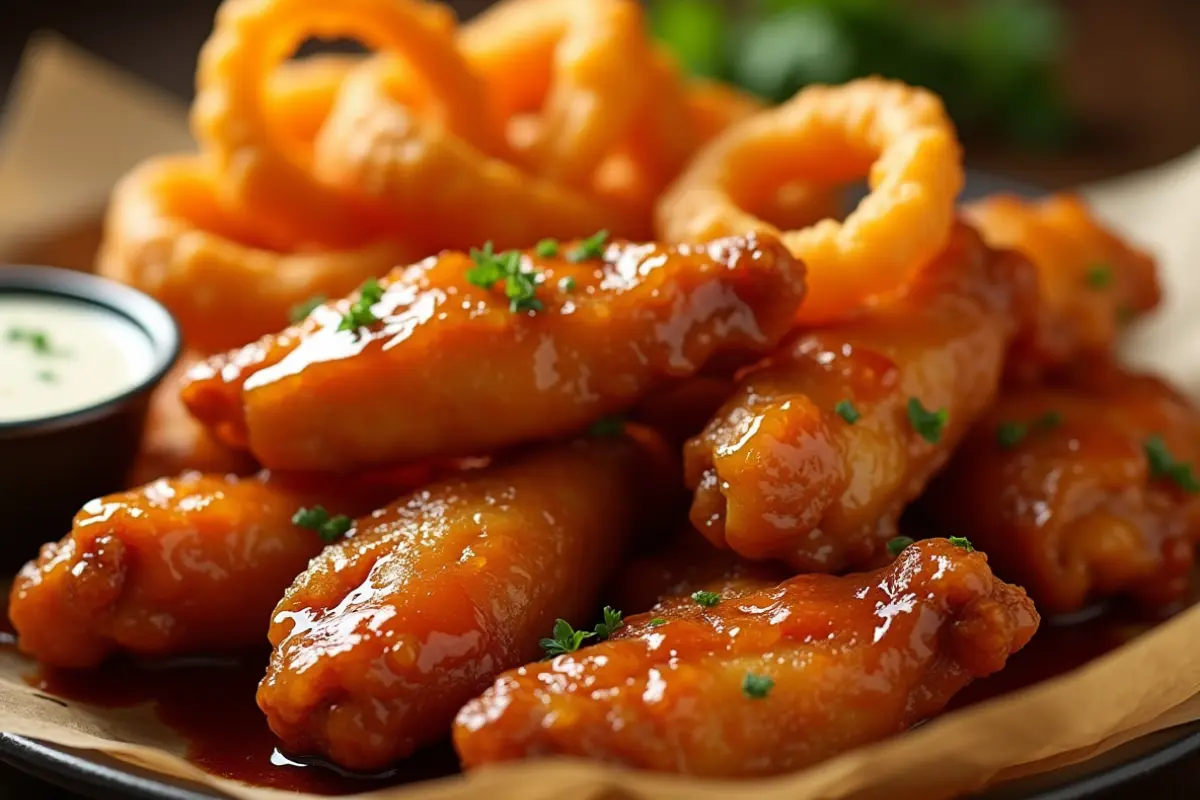 Onion rings with chicken wings on airfryer