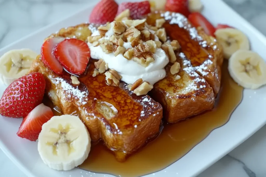 Serve and Enjoy Once cooked, transfer your sourdough French toast to a serving plate. You can keep them warm in a low oven while you finish cooking any remaining slices. Top your French toast with sourdough with your favorite toppings. A drizzle of maple syrup, a sprinkle of powdered sugar, or a handful of fresh berries all make excellent choices. Serve immediately and watch as everyone at the table digs in!