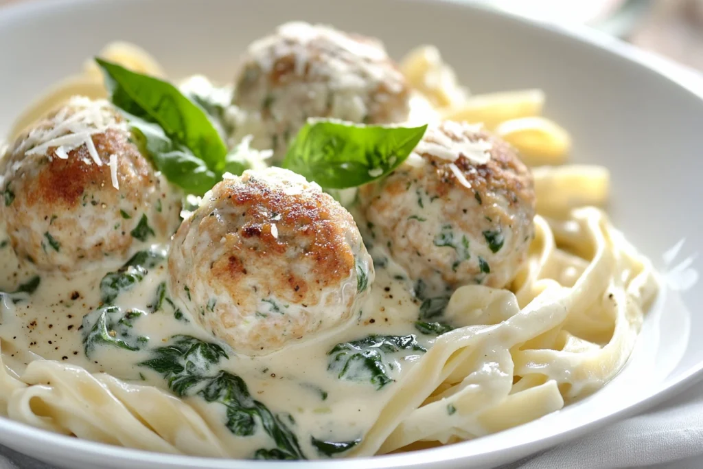The best Chicken Ricotta Meatballs with Spinach Alfredo Sauce